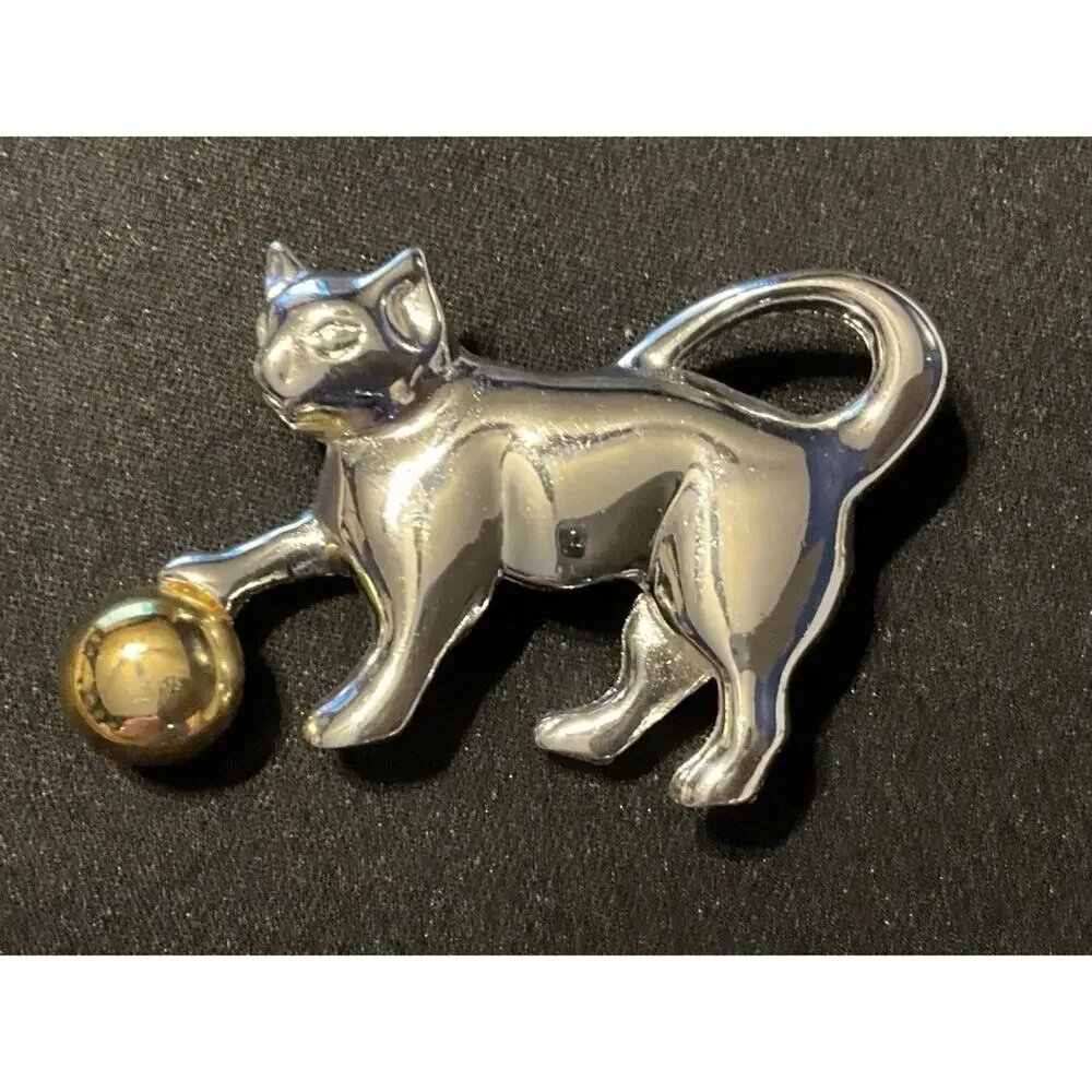 Vintage Gold & Silver Tone Cat Brooch W/ Gold Tone Ball